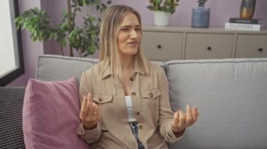 Kanepede oturan genç sarışın kadın. Elleriyle jest yapıyor. Maaş istiyor.