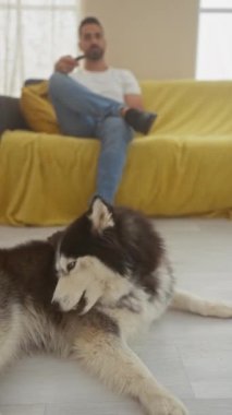 Genç bir İspanyol adam uzaktan kumandayla kanepede dinlenirken, köpekli köpeği oturma odasında yerde dinleniyor.