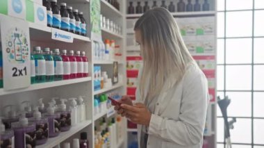 Eczanedeki genç sarışın bir kadın, elinde akıllı bir telefonla, kapalı bir eczanedeki renkli şişeler ve tabelalarla bir mağazanın rafındaki ürünleri inceliyor..