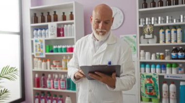 Eczanede gri saçlı ve sakallı bir adam arka planda çeşitli şişeler ve konteynırlarla dolu panodaki belgeleri inceliyor.