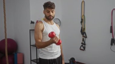 Spor salonunda ağırlık kaldıran genç bir adam, güç antrenmanı için kapalı bir spor salonunda dambıllarla egzersiz yapmaya odaklanmış..