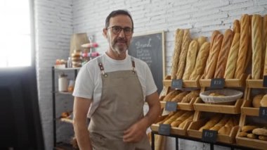 Fırında kolları çapraz duran yakışıklı bir adam. Kapalı bir dükkanda taze ekmekle çevrili..