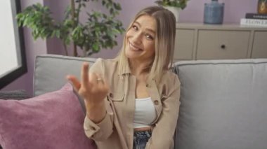 Kanepede oturan genç sarışın kadın el kol hareketi yaparak seni evine davet ediyor, mutlu ve gülümsüyor.