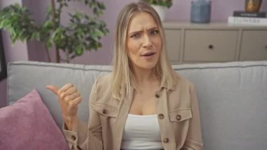 Kanepede oturan genç sarışın kadın, elleri yandan işaret ederek şaşırdı, ağzı açık hayret içinde kaldı. evde.