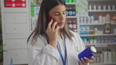 Eczanedeki genç esmer bir kadın telefonda konuşurken elinde mavi bir ilaç şişesi tutuyor. Etrafı çeşitli ilaç ürünleriyle çevrili..
