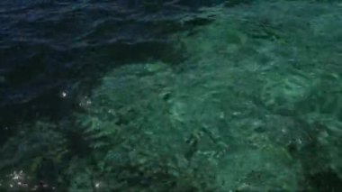 Porto sezaryenin berrak turkuaz suları, güneşli bir günde İtalya 'nın Salento bölgesinde canlı okyanus dokularını sergiliyor..