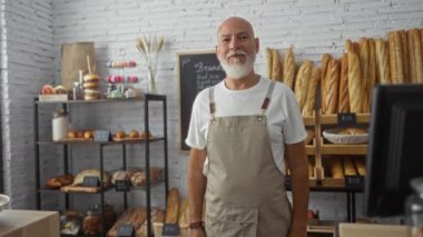 Beyaz saçlı ve sakallı orta yaşlı bir adam pastanede duruyor. Kapalı mekanlarda ekmek ve hamur işleri var.