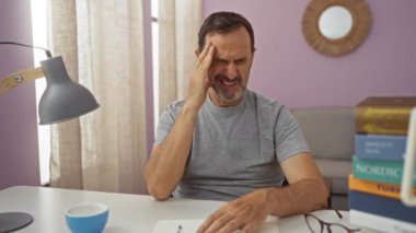 Orta yaşlı İspanyol bir adam, oturma odasında baş ağrısı çekiyor. Masasında mor bir duvar ve kitaplar var.