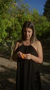 Portakal ağaçlarıyla güneşli bir İtalyan bahçesinde mandalina yiyen genç İspanyol kadın..
