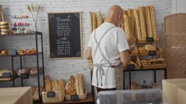Sakallı ve önlüklü olgun bir adam ahşap raflarda sergilenen çeşitli hamur işleri ve ekmeklerle dolu bir fırında taze ekmek tutuyor.