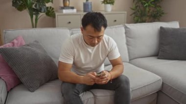 Genç Çinli bir adam oturma odasında oturuyor, telefonuna odaklanmış, dekoratif bitkiler ve yastıklarla çevrili rahat ve modern bir ev ile çevrili..