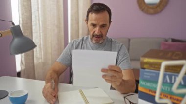 Orta yaşlı bir adam, ofiste kitap ve masanda lambayla evrak okumasını kutluyor.