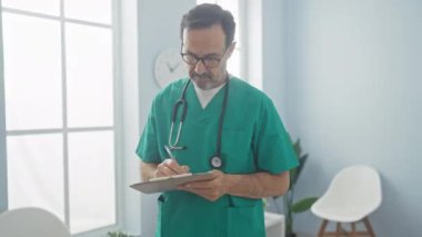 Steteskoplu orta yaşlı bir adam parlak, modern bir klinik odasındaki bir panoya yazı yazıyor..