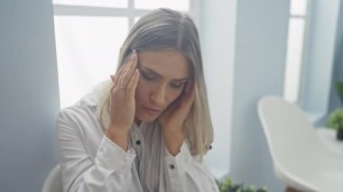 Beyaz gömlekli, genç, güzel, sarışın bir kadın gün ışığında klinikte beklerken stresli görünüyor..