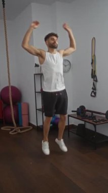 Spor salonunda spor yapan genç bir adam etrafta ekipmanlarla spor yapıyor, spor ve refahına odaklanıyor.