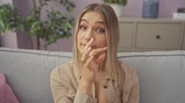 Kanepede oturan genç sarışın kadın ağzı ve dudakları parmakları fermuar gibi kapalı. gizli ve sessiz, evde konuşmak tabu.