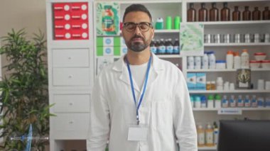 Eczacı üniformalı genç İspanyol adam sıhhatini kucaklıyor. Yoga meditasyon jestinde gözleri kapalı eczanede dinleniyor.