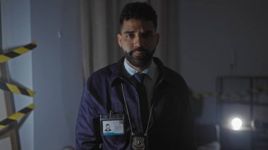 Rozetli ciddi bir İspanyol, loş ışıkta yanan bir suç mahallini araştırıyor..