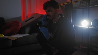 Eldiven giyen ciddi bir İspanyol, kapalı bir suç mahallinde kırmızı ve mavi ışıklı bir ipucu inceler..