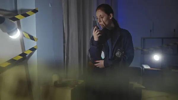 stock image A woman officer communicates on a radio at a dimly-lit indoor crime scene taped off with yellow barrier.