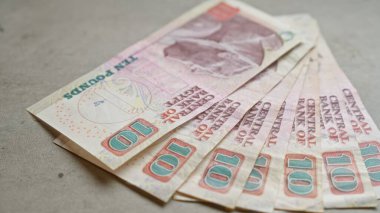 Beton yüzey üzerindeki fanned Mısır banknotları on pound para göstermektedir
