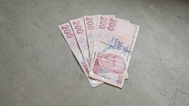 Türk lira banknotları, dokulu arka plana karşı canlı ayrıntılarla para birimine net bir bakış sağlayarak somut bir yüzeye yayıldı.