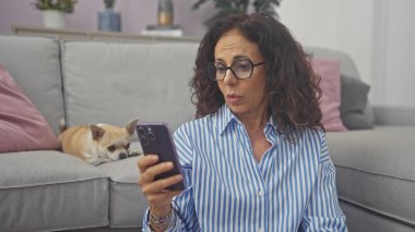 Orta yaşlı İspanyol bir kadın akıllı telefonuna odaklanmış. Yanında Chihuahua 'sı, kapalı bir kanepede dinleniyor.