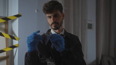 İspanyol dedektif, bir evin içinde bir suç mahallini araştırıyor. Delilleri ciddi bir ifadeyle inceliyor..