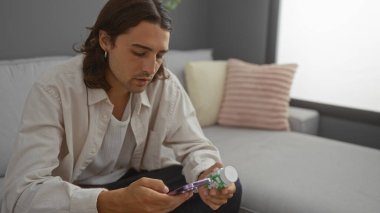 Modern bir oturma odasında elinde bir şişe hapla oturan ve akıllı telefonuna bakan uzun saçlı İspanyol bir genç.