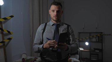 Yakışıklı İspanyol bir adam olay yerinde uyarı bandı ve kanıtlarla notlar alıyor.