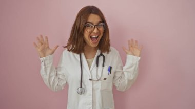 Esmer saçlı, gözlüklü ve beyaz önlüklü mutlu bir bayan doktor, izole edilmiş pembe arka planda neşeli bir şekilde poz veriyor..