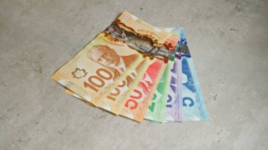 Kanada banknotları beton bir yüzeye, renkli para birimi detaylarına, finansal konsepte, Kanada 'ya yayıldı..