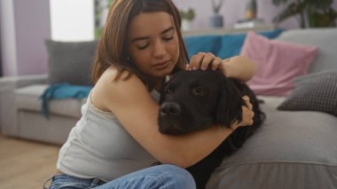 Genç, güzel bir İspanyol kadın labrador köpeğini evinde ya da dairesinde sıcak bir oturma odasında kucaklıyor..