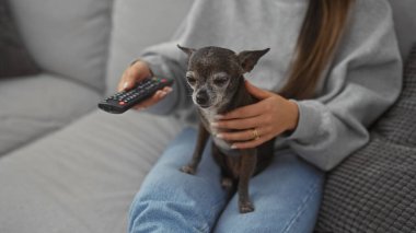 Genç bir kadın kapalı bir koltukta Chihuahua 'sıyla birlikte uzaktan kumandayla rahatlıyor..
