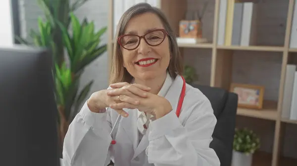 stock image Smiling mature woman doctor with glasses seated indoors at clinic workplace