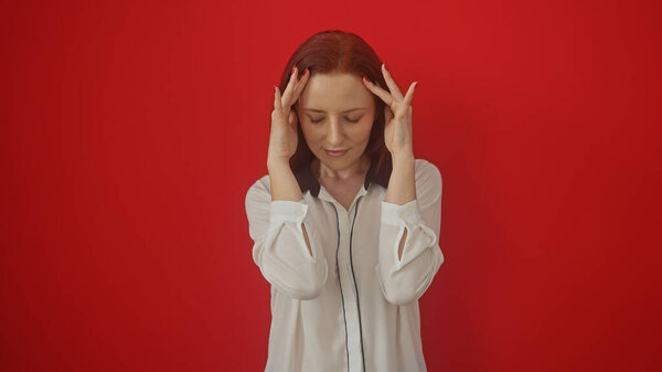 A young adult woman with red hair appears stressed against an isolated red background, evoking emotions of headache or anxiety.