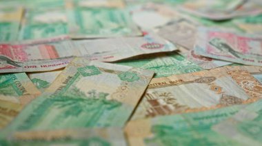 Birleşik Arap Emirlikleri Dirham banknotları çeşitli değerlerden canlı bir para gösterimi oluşturur..