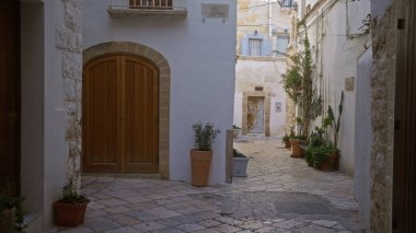 Polignano 'da büyüleyici dar bir sokak manzarası. Bir kısrak eski bir kasaba, İtalya, antik taş mimari sergilenen, ahşap kapılar, ve saksı bitkileri barışçıl bir puglian ortamında.