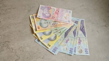 Ley para biriminin çeşitli değerlerini gösteren Romen banknotları somut bir yüzeye yayılarak, tanınmış isimlerin resimleri de dahil olmak üzere renkli ve ayrıntılı tasarım unsurlarını vurguluyor.