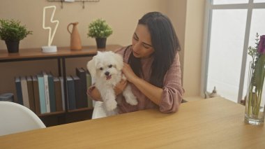 Genç bir İspanyol kadın, evinde rahat bir oturma odasında bichon köpeğini tutuyor..