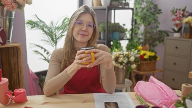 Genç sarışın kadın renkli buketlerle çevrili canlı bir çiçekçi dükkanında kahveden hoşlanıyor.
