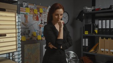 Düşünceli, kızıl saçlı bir kadın dedektif dağınık bir ofiste duruyor ve dava kanıtlarını inceliyor..