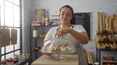 Pastanede hamur işi servisi yaparken gülümseyen bir kadın, neşeli bir atmosferde tatlı ve ekmek sergiliyor.