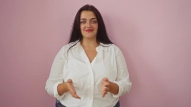 Pembe arka planda beyaz gömlek giyen kadın mutlu bir şekilde gülümsüyor.