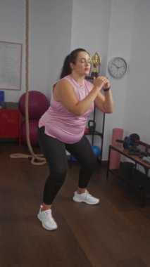Spor salonunda egzersiz yapan, pembe bluz ve siyah tayt giyen, kıvrımlı vücutlu, ev aletleri kullanan, duvardaki saat, ahşap zemin, fitness, sağlık, aktif yaşam tarzı, güçlü, artı beden ölçüleri