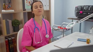 Pembe önlüklü kendine güvenen doktor kollarını kavuşturup klinikteki kameraya bakıyor..