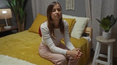 Genç bir kadın rahat bir yatak odasında rahat bir yatakta oturuyor. Gözleri ve elleri kapalı, rahat pijamaları giymiş ve sıcak, ev dekoruyla çevrili düşünceli görünüyor..