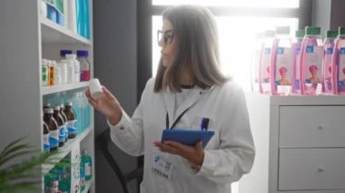 Beyaz önlüklü ve gözlüklü bir kadın elinde tablet tutarken eczanedeki ilaç şişelerini inceliyor.