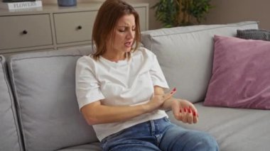 Oturma odasındaki gri bir koltukta kolunu kaşıyan bir kadın. Arka planda pembe yastıklar ve dolaplar var. Rahatsız edici ve rahatsız edici olduğunu söylüyor..