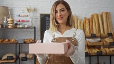 Genç bir kadın, arka planda ekmek ve hamur işleri rafları olan bir fırında pembe bir fırın kutusu tutuyor.